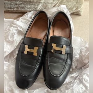 Hermes Leather Loafers shoes silver H Buckle 36 6 5.5